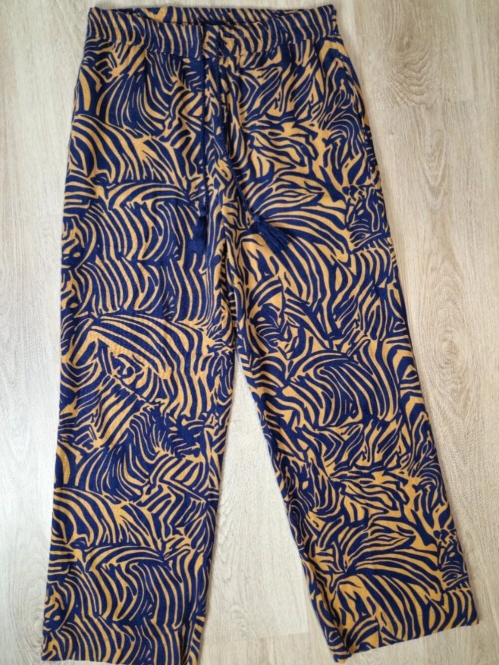 Joie Linen Pants M Navy Tan Tropical Pull On Wide Leg Drawstring Resort Travel